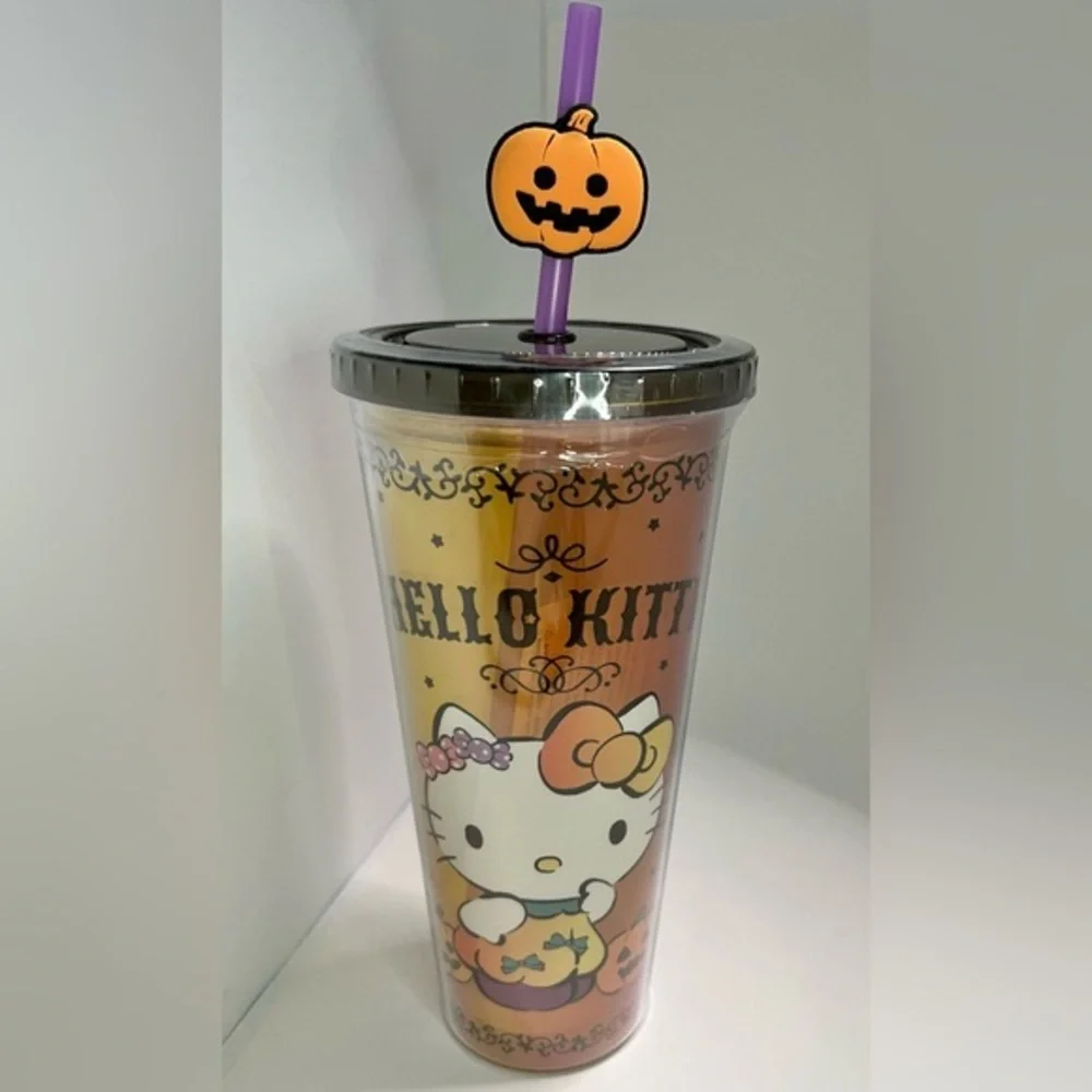 Hello Kitty Halloween Pumpkin Plastic Tumbler with Straw Topper 24oz
